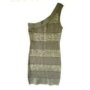 Vintage Bebe Dress Small Metallic Silver Bodycon One Shoulder